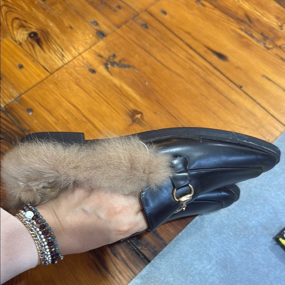 Women's Black Faux Leather Loafers with Fur Lining - Picture 5 of 10